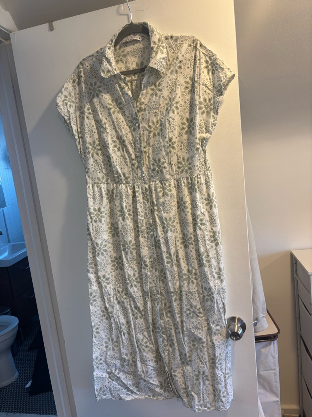 Zara White Midi Shirt Dress with Subtle Green Print